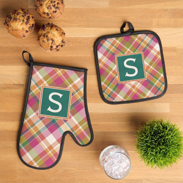 Custom Summer Orange Pink Teal Green Plaid Pattern Oven Mitt & Pot Holder Set (Creator Uploaded)