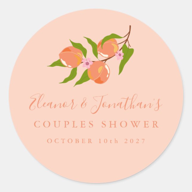 Custom Summer Peach Fruit Boho Couples Shower Classic Round Sticker (Front)