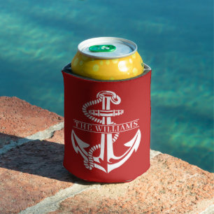 Custom Summery White Nautical Anchor On Dark Red Can Cooler
