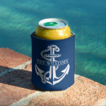 Custom Summery White Nautical Anchor On Navy Blue Can Cooler<br><div class="desc">Fun modern nautical look with modern style white coloured anchor, and room to customise or personalise with a family name or short text of your choice on a maritime navy blue background. This elegant and fun design was created for the boat lover, boater, captain, sailor, or owner of a coastal...</div>