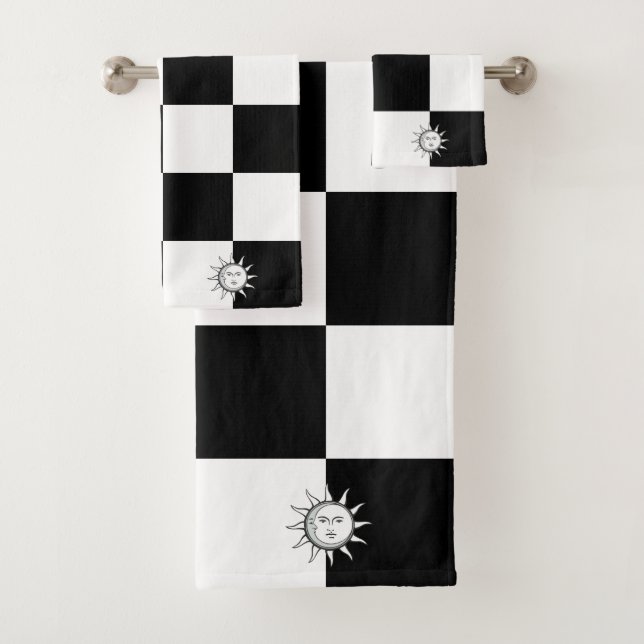 Custom Sun on Black and White Chequered Pattern Bath Towel Set (Insitu)