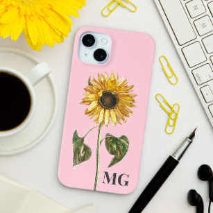 Custom Sunflower Botanical Illustration Monogram iPhone 15 Mini Case