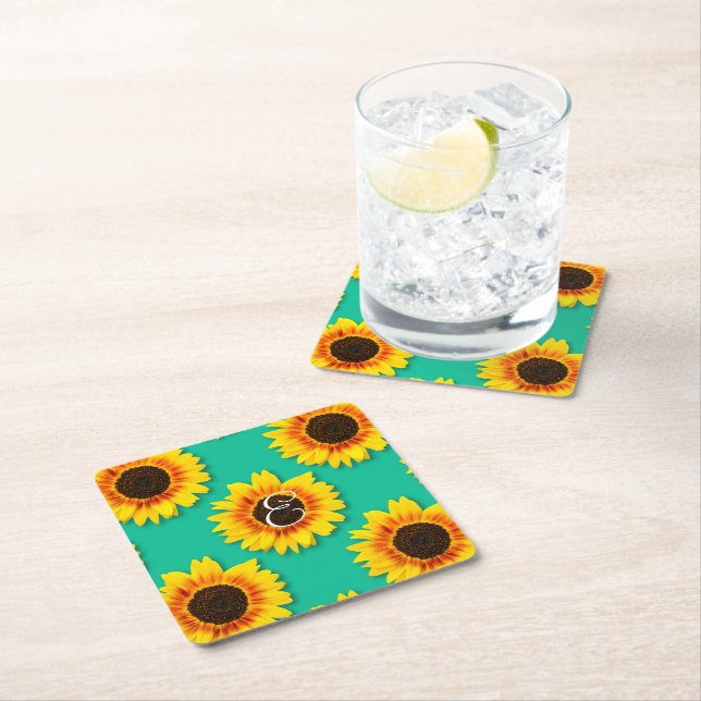 Custom Sunflower Floral Paper Party  Square Paper Coaster (Insitu)