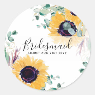 Custom Sunflowers Bridesmaids Gifts Add Name Date Classic Round Sticker