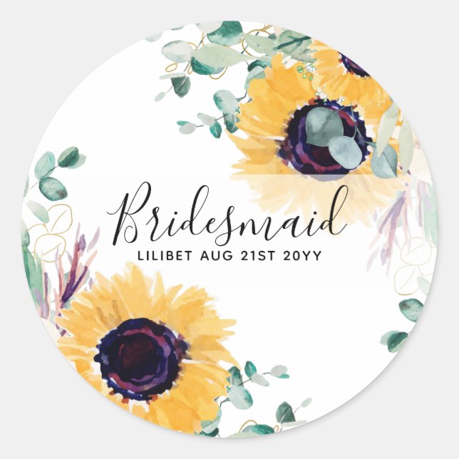 Custom Sunflowers Bridesmaids Gifts Add Name Date Classic Round Sticker (Front)