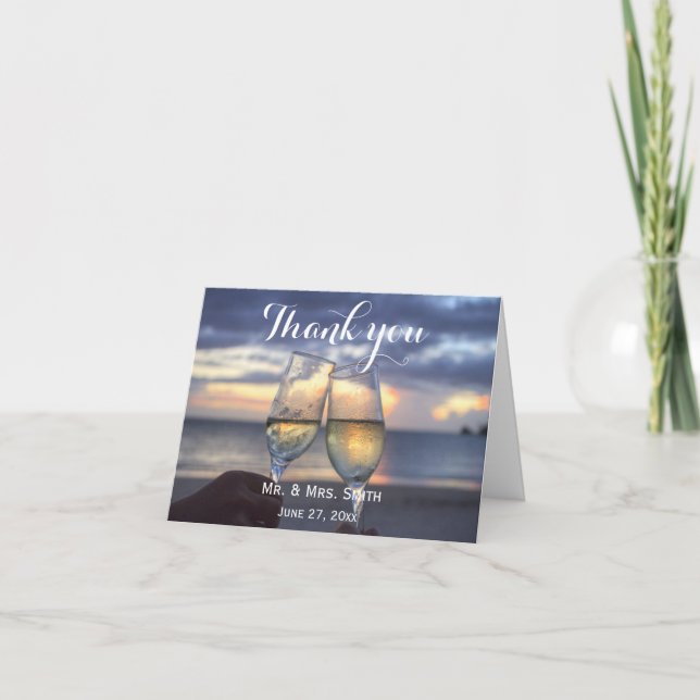 Custom Sunset On The Beach Wedding Thank You Cards (Front)