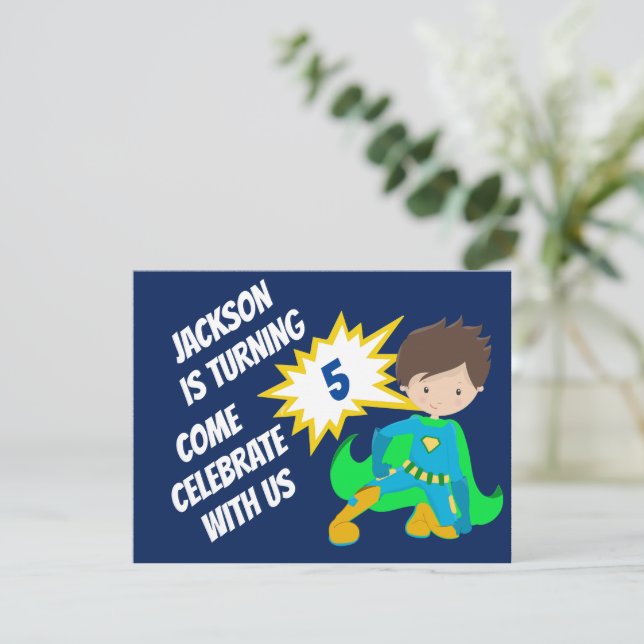 Custom Superhero Action Hero Kids Birthday Party Invitation (Standing Front)