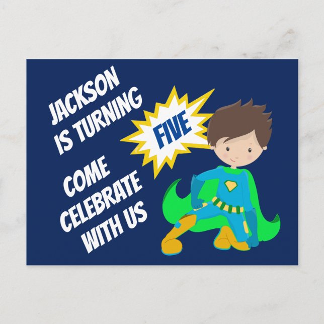Custom Superhero Boy Birthday Party Invitation Postcard (Front)