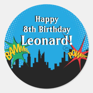 Custom Superhero Comic Boy's Birthday Party Classic Round Sticker