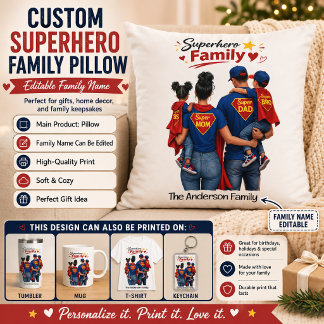Custom Superhero Family with Editable Family Name Cushion