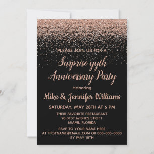 Custom Surprise Anniversary Party Black Rose Gold Invitation