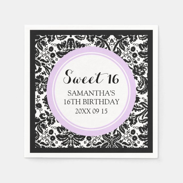 Custom Sweet 16 Birthday Napkin Black Damask (Front)