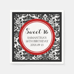 Custom Sweet 16 Birthday Napkin Red Black Damask