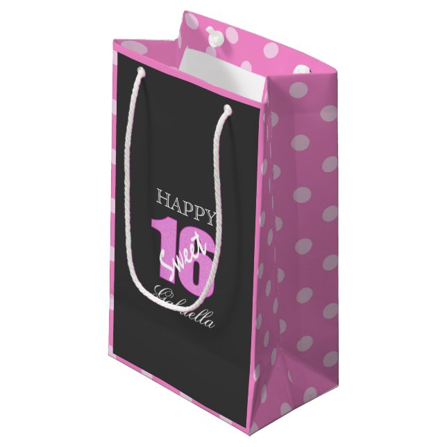 Custom Sweet 16 Gift Bag: Black Pink Polka Dots Small Gift Bag (Front Angled)