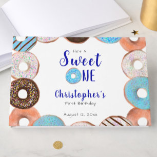Custom Sweet One Donut First Birthday Blue Guest Book