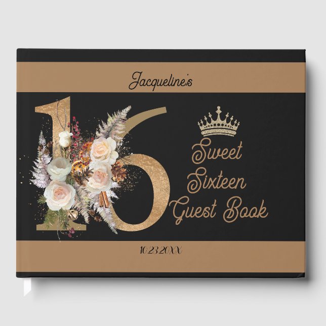 Custom Sweet Sixteen Black Floral Number Design Guest Book (Front)