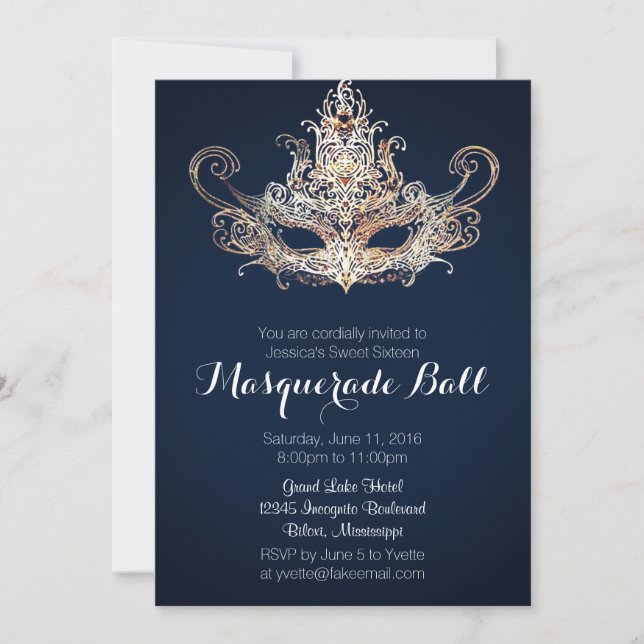Custom Sweet Sixteen Masquerade Ball - Navy Invitation (Front)