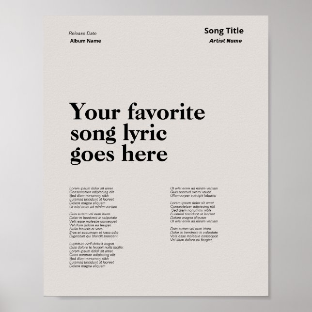 Custom Swiss Style Lyrics Poster Song Lyric Art (Front)