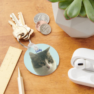 Custom Tabby Cat Photo on Light Blue Key Ring