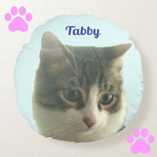 Custom Tabby Cat Photo on Light Blue Round Cushion