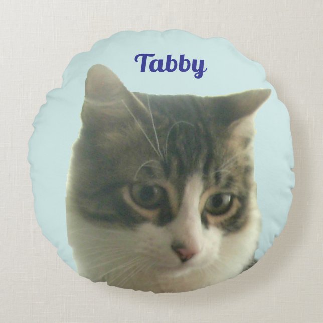 Custom Tabby Cat Photo on Light Blue Round Cushion (Front)