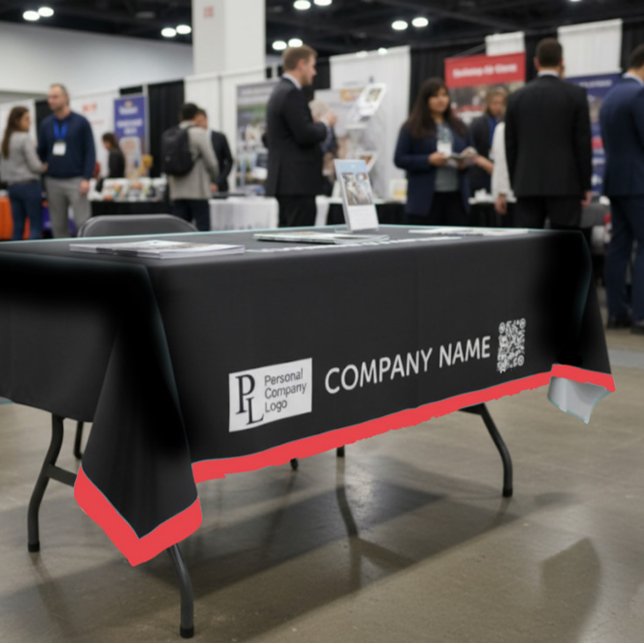Custom Table Cover Business Logo Red Border Tablecloth (custom work business tablecloth with your own personalized company name logo and QR code - red black)