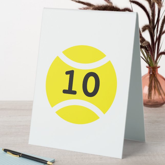 Custom table number sign with yellow tennis ball (In SItu (Table))