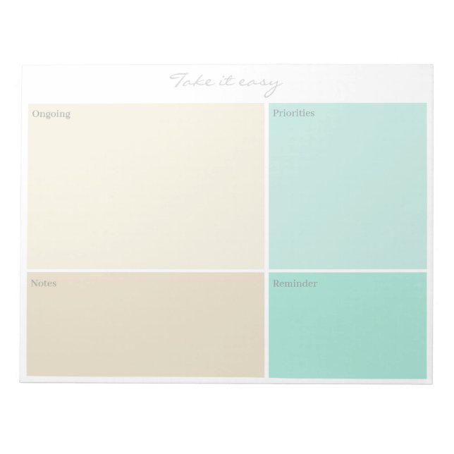Custom "Take it easy" Beige Grey Aqua Blue Planner Notepad (Front)