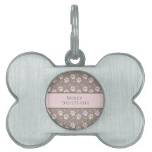 Custom Taupe & Pink Paw Print Bone-Shaped Pet Tag 