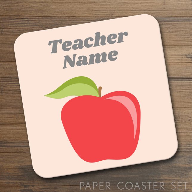 Custom Teacher Apple with Trendy apple drawing Square Paper Coaster (Custom Coaster Set)