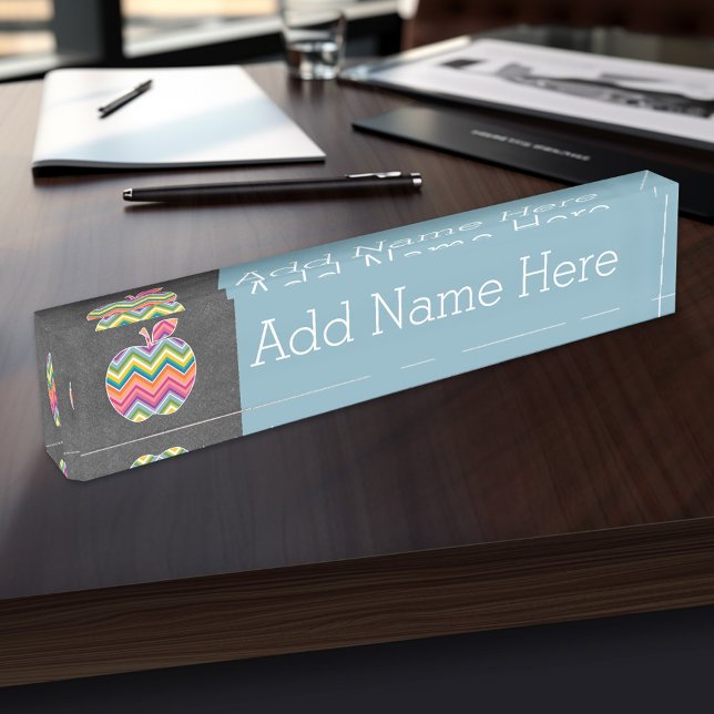 Custom Teacher Apple with Trendy Chevron Pattern Nameplate (Personalized Teacher Name Plate)