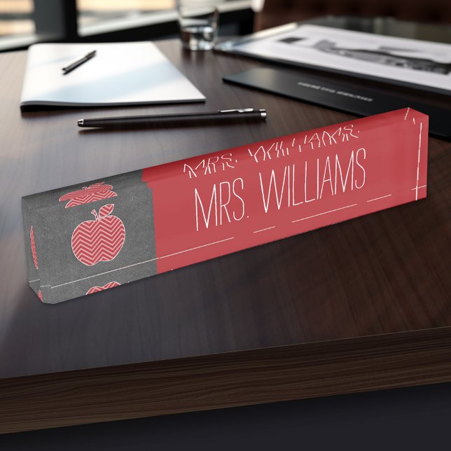 Custom Teacher Apple with Trendy Chevron Pattern Nameplate (Personalized Teacher Name Plate)