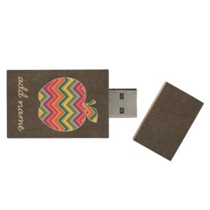 Custom Teacher Apple with Trendy Chevron Pattern Wood USB Flash Drive
