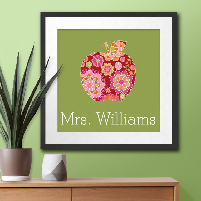 Custom Teacher Apple with Trendy Floral Pattern Poster (Custom Poster)