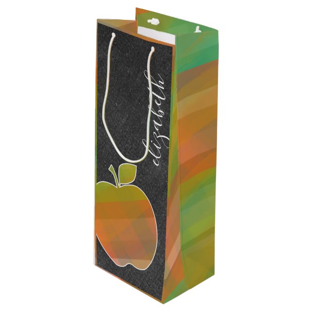 Custom Teacher Apple with Watercolor Stripes Wine Gift Bag (Front Angled)