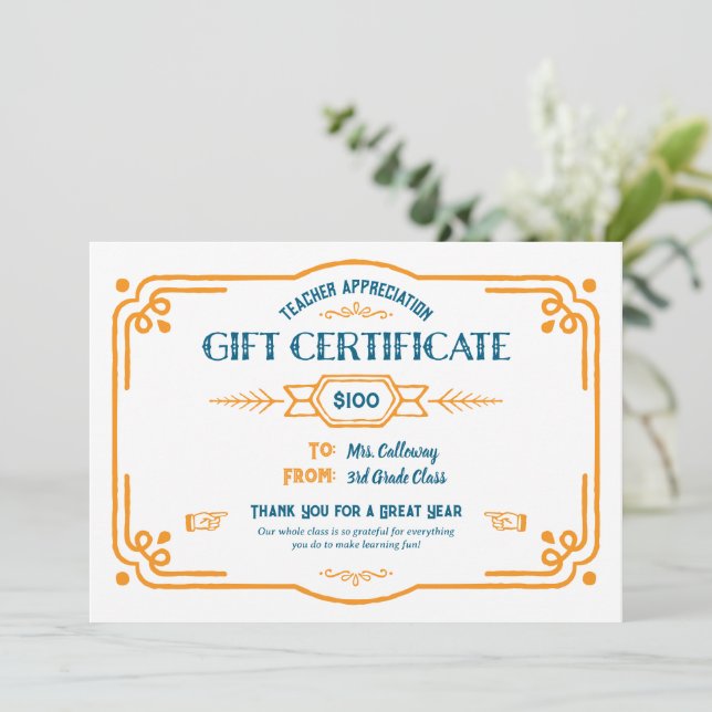 Custom Teacher Appreciation Gift Certificate Card (Standing Front)