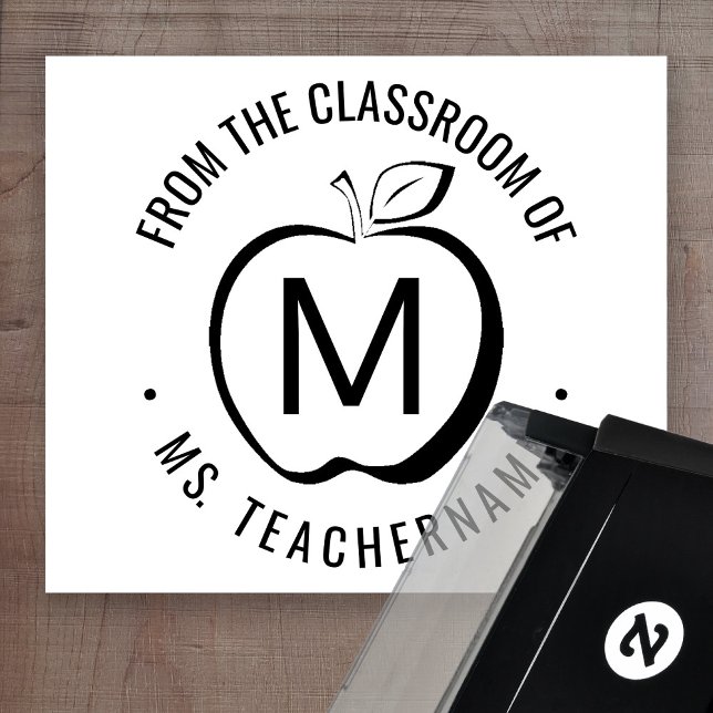 Custom Teacher Classroom Monogram Modern Apple Self-inking Stamp (Creator Uploaded)