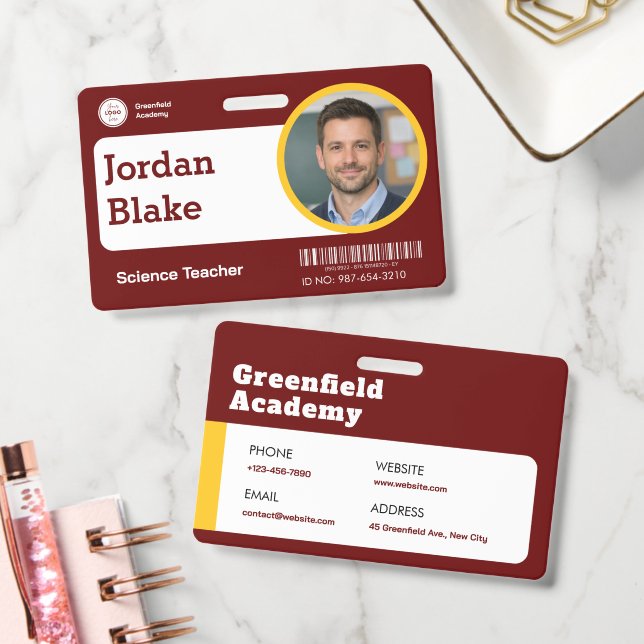 Custom Teacher ID Badge with School Logo - Red (Office)