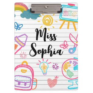 Custom Teacher Name Cute Colourful doodle Clipboard