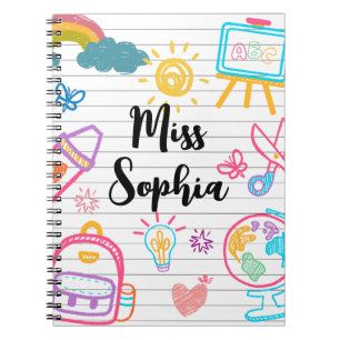 Custom Teacher Name Cute Colourful doodle Notebook