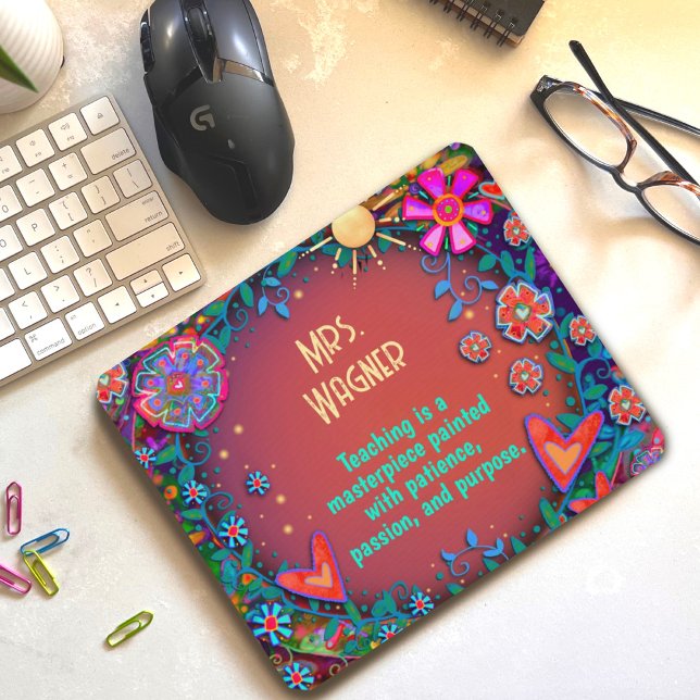 Custom Teacher Name Flowers Hearts Sunshine Red Mouse Mat (Creator Uploaded)