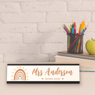 Custom Teacher Name Grade Boho Rainbow Sun Desk Name Plate