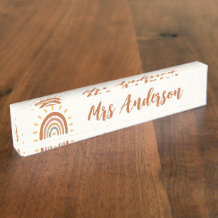 Custom Teacher Name Grade Boho Rainbow Sun Nameplate
