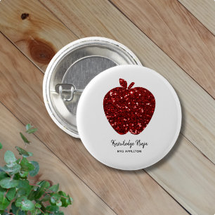 Custom Teacher Name Red Apple Faux Glitter 3 Cm Round Badge