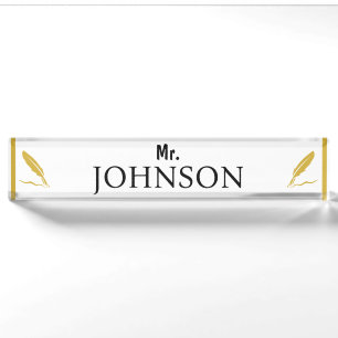 Custom Teacher Nameplate – Gold Feather