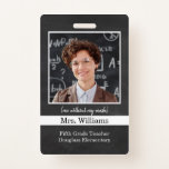 Custom Teacher Photo ID Badge for school classroom<br><div class="desc">A friendly teacher photo ID badge for classroom use, so students can see their awesome teacher smiling without a mask on. Custom text templates for teacher name, grade, school, also includes personalised photo template so you can easily add your own photo. The back has space for an address, phone number,...</div>