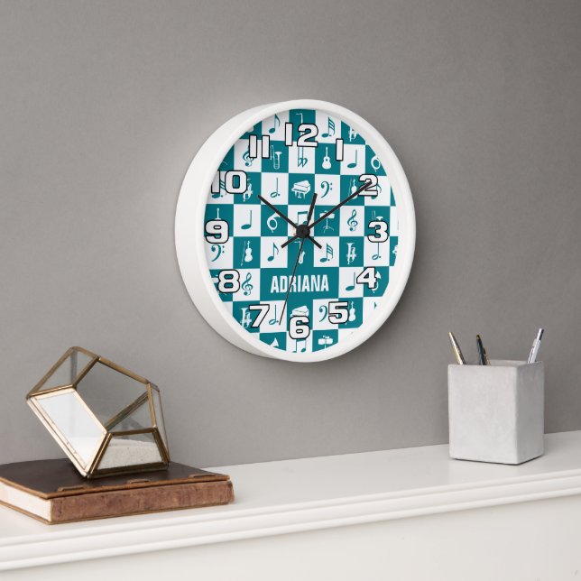 Custom teal and white music notes and instruments clock (Office)