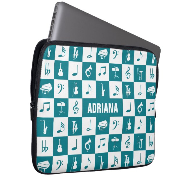 Custom teal and white music notes and instruments laptop sleeve (Front Right)