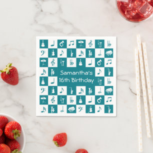 Custom teal and white music notes and instruments napkin