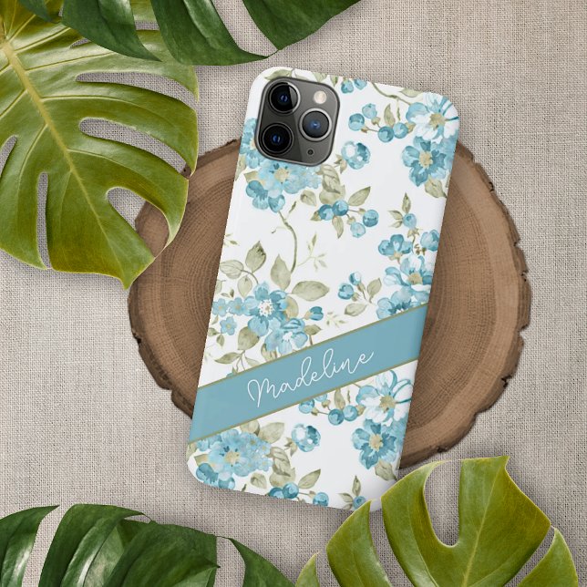 Custom Teal Aqua Blue Sage Green Flowers Pattern iPhone Case (Creator Uploaded)